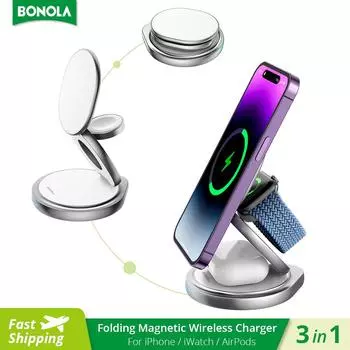 Металлическая 3 в 1 беспроводная зарядка складная подставка для iPhone 14/13/15 Pro 15 Вт магнитная беспроводная зарядка для Iwatch/airpodspro as picture серебряный