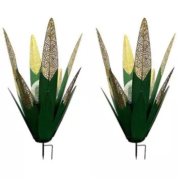 Металлическая агава Искусственная текила Ландшафтная скульптура Металлическая агава Растение Светодиодный солнечный светильник Ручная роспись Металлическая агава Украшение для дома 2Pcs синий