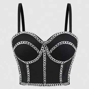 Металлическая цепочка Дизайн Корсетный бюстгальтер Кристалл Горный хрусталь Алмазный укороченный топ Женский бюстгальтер пуш-ап Укороченный карнавальный вечеринка Клубная сцена Dj Ds Панк Готический рок 34B