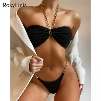 Металлическая цепочка, Холтер в рубчик, женский купальник, женский купальник, комплект бикини из двух частей, купальный костюм с высоким вырезом, купальный костюм S чёрный
