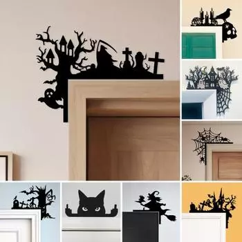 Металлическая дверная рама на Хэллоуин, украшение, черная кошка, ведьма, тыква, паутина, призрак, силуэт, дверь A