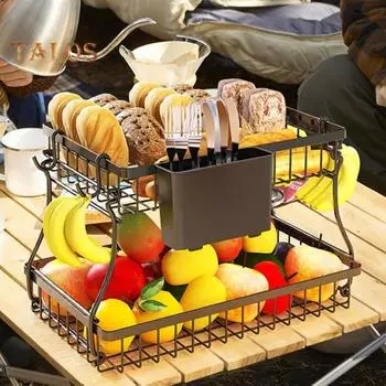 Металлическая фруктовница, кухонная корзина для хранения со съемными крючками, большая вместимость, прямоугольная стойка для хранения фруктов и овощей белый