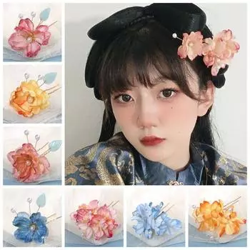 Металлическая искусственная цветочная палочка для волос из ткани Hanfu, изысканная U-образная палочка для волос для женщин Blue-A