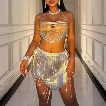 Металлическая кольчуга с блестками и бахромой, сексуальные красотки XS серебряный