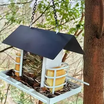 Металлическая кормушка для птиц, устойчивая к жеванию, подвесная кормушка для птиц на открытом воздухе, легко наполняемая кормушка для диких птиц с насестом для крыльца сада и двора черный белый