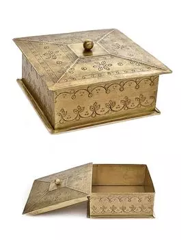 Металлическая квадратная шкатулка с гравировкой большая, Латунь, Iron Square Box With Punching Brass, John Molly Decor&Gifts