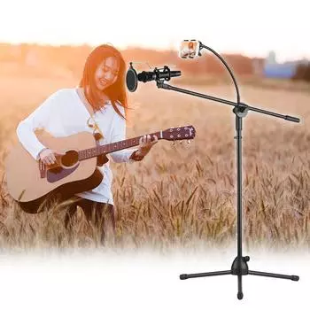 Металлическая напольная подставка для микрофона, штатив с регулируемой высотой и штангой, 3 держателя для микрофонов и 1 смартфон 1 phone holder