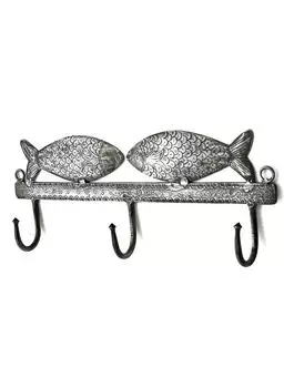 Металлическая настенная вешалка с 3-мя крючками с декором из 2-х рыбок, Цинк, Iron Zinc 2-Fish 3-Hook Hanger, John Molly Decor&Gifts