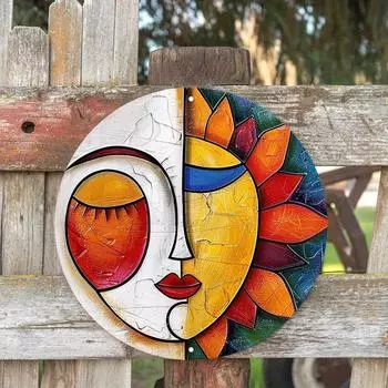 Металлическая настенная живопись «Солнце и Луна» — алюминиевая вывеска размером 8x8 дюймов для домашнего декора — водонепроницаемый и устойчивый к погодным условиям декор в стиле хиппи чёрный