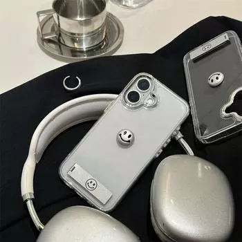 Металлическая оправа линз Прозрачный мягкий чехол-подставка из ТПУ со смайликом для iPhone 16 Pro Max 15 14 Plus 13 12 11 Pro 7 8 XS XR Защита от падений iPhone 16 Pro Max