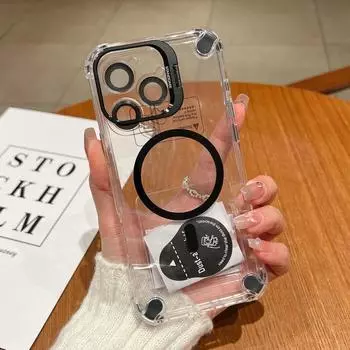 Металлическая подставка для камеры, прозрачный магнитный чехол для телефона iPhone 16 Pro Max 15 14 Plus 13 для Magsafe, противоударная пленка для объектива, прозрачный акриловый чехол iPhone 16 чёрный