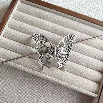 Металлическая полая заколка для волос в китайском стиле с бабочкой для женщин, винтажный серебристый цвет, ручная работа, палочка для волос, шпильки для пучка, аксессуары для волос