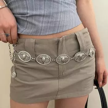 Металлическая поясная цепочка в ретро этническом стиле, женский нишевый дизайн, модный, с высоким чувством стиля, трендовый, овальный ремень с коровьей головой для женщин серебряный