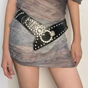 Металлическая пряжка эластичный пояс-кушак блестящий широкий стразовый пояс модный пояс корсет ремни для девочек чёрный
