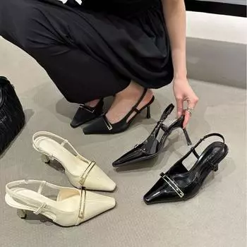 Металлическая пряжка лакированная кожа глянцевый острый задник пустые высокие каблуки сандалии мешок головы темперамент тонкий каблук одиночные туфли женские 35 абрикосовый