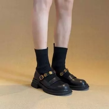 Металлическая пряжка, маленькие ароматные ветряные вязаные эластичные носки, сапоги, женские универсальные, круглые, тонкие, короткие, сапоги, ботинки Martin на толстой подошве 35 чёрный