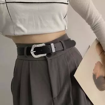 Металлическая пряжка со стразами поясной ремень широкий боковой Y2k джинсовое украшение PU кожаный ремень для женщин/девочек белый
