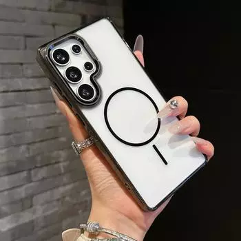 Металлическая рамка объектива прозрачный чехол для телефона Samsung S25 Plus S24 FE S23 Ultra A16 A56 A36 A55 A15 мягкий край ударопрочный беспроводной зарядки магнитная задняя крышка Samsung S25 чёрный