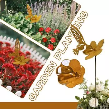 Металлическая Старая Колибри с Цветами, Колибри с Садовым Колышком, Садовые Украшения для Открытого Воздуха, Стальная Конструкция, Аутентичная Отделка, Украшение для Кашпо One Size жёлтый