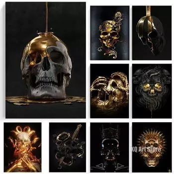 Металлическая статуя черепа, холст, золотые абстрактные принты, постеры, картины, настенные художественные фотографии для гостиной, домашний декор, без рамки, Cuadros 21x30cm No Framed
