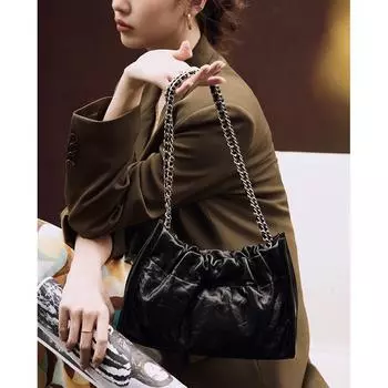 Металлическая сумка через подмышку, женская сумка из спилковой кожи, плиссированная женская модная сумка через плечо (20cm<Max Length<30cm) чёрный