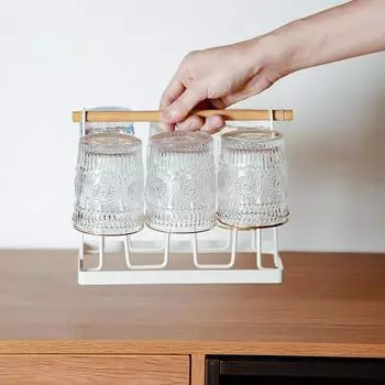 Металлическая сушилка для чашек, подставка-держатель с деревянной ручкой, нескользящая, 6 крючков для стеклянных бутылок для питья, домашняя столешница для кухни чёрный