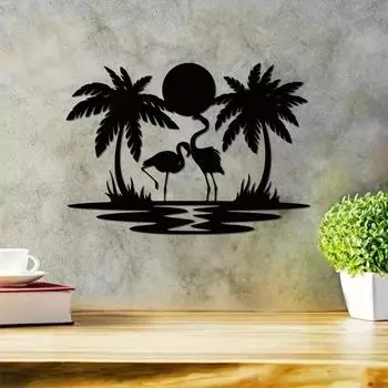 Металлическая табличка «Пальма-фламинго на закате» — яркий настенный декор, идеально подходит для дома, спальни, гостиной и в качестве идеального подарка на новоселье светло-серый