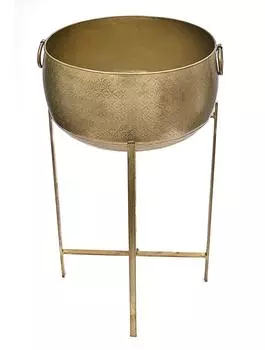 Металлическая ваза с гравировкой на складной подставке маленькая, Латунь, Iron Round Planter With Stand Brass Small, John Molly Decor&Gifts
