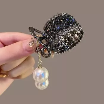 Металлическая заколка для волос с жемчужной кисточкой и стразами, женские заколки для волос, держатель для высокого хвоста, когти для волос, головные уборы, корейские аксессуары для волос, ювелирные изделия чёрный