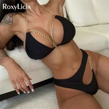 Металлические кольца, асимметричное бикини с вырезами, женский купальник, женский купальник, комплект бикини из двух частей, купальный костюм для плавания S чёрный