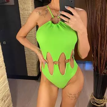 Металлические кольца с вырезами на спине, женский купальник, цельный купальник, женский купальник с высокими штанинами и мягкой подкладкой, купальный костюм, купальный костюм для леди S зелёный