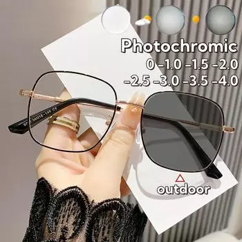 Металлические квадратные очки с изменяющимся цветом, модные, с большой оправой, фотохромные, для женщин с близорукостью, высококачественные, с защитой от синего света, очки для близорукости 0