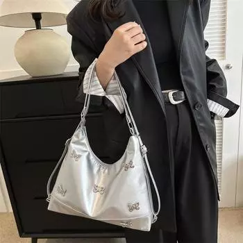 Металлические маленькие сумки через плечо с дизайном в виде бабочки для женщин, модные серебряные сумки из искусственной кожи, сумка через плечо, сумка-тоут серебряный