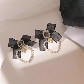 Металлические милые милые серьги с жемчугом и бантом для девочек, серьги-гвоздики принцессы с драгоценными камнями в форме сердца чёрный