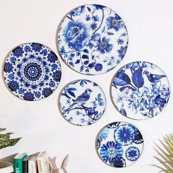 Металлические настенные тарелки | Украшение для дома | Дизайн с изображением цветов и птиц | Настенное украшение для гостиной | Предметы декора | Подарки (Разноцветный) (Набор из 5)