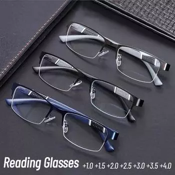 Металлические полуоправные очки для чтения Hd Tr90, дальнозоркие очки, мужские деловые очки, диоптрии 0 +1,0 +1,5 +2,0 +2,5 +3,0 +3,5 +4,0 3 чёрный