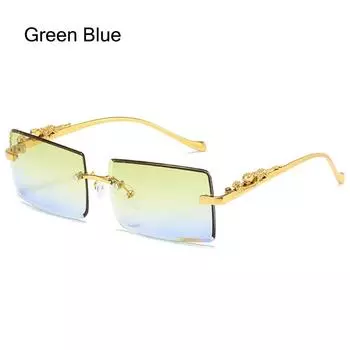 Металлические прямоугольные солнцезащитные очки с декором гепарда, модные цветные очки без оправы UV400, солнцезащитные очки с линзами Ocean для женщин и мужчин Green Blue