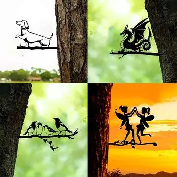 Металлические птицы/собаки/драконы/феи на ветке, стальной силуэт, металлическая птица, дерево, искусство, сад, задний двор, патио, наружный декор бежевый