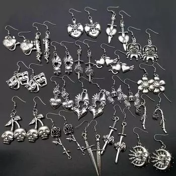 Металлические серьги-подвески в стиле панк-хип-хоп с бабочкой, черепом и цветком для мужчин и женщин, модные серьги в виде рок-креста, меча, сердца и пламени, ювелирные изделия 1