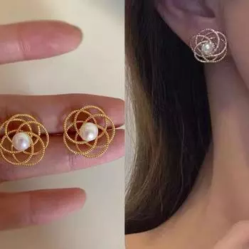 Металлические серьги с цветочным плетением без пирсинга, серьги с искусственным жемчугом для женщин