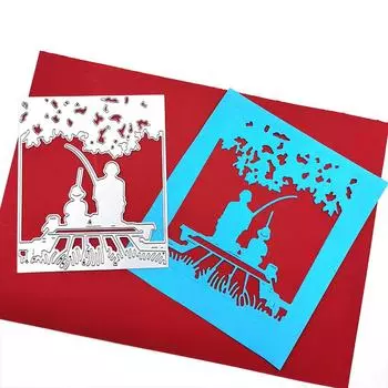 Металлические штампы Отец и сын ловили рыбу на берегу Вырезать своими руками Скрапбукинг Бумага Ремесло Тиснение Нож Форма Лезвие Штамп серебряный