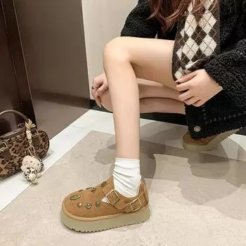 Металлические украшения круглый носок балетки зима продано 2025 Высококачественная женская обувь без застежек лаконичные балетки Sapatos Baixos Femininos 35