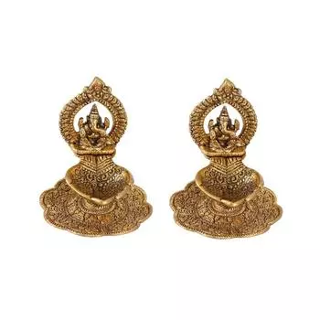 Металлический алюминиевый Дия Ганеши с выгравированной вручную свастикой (10,2 см x 10,2 см x 11,5 см, Набор из 2 штук)