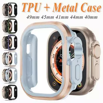 Металлический бампер для Apple Watch Ultra Case 49 мм 45 мм 41 мм 44 мм 40 мм алюминиевый сплав + защитный чехол для экрана TPU для Iwatch Series 8 7 6 5 4 SE 44mm for apple watch фиолетовый