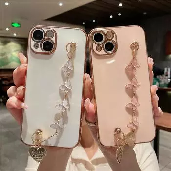 Металлический браслет-бабочка с цепочкой для телефона, чехол для iPhone 15 14 Pro Max 14 Pro 13 12 11 MiNi XR XS X, чехол for iphone 15