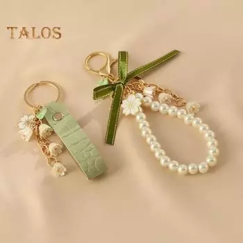 Металлический брелок с цветком, подвеска из искусственной жемчужной ленты, декор в виде банта, автомобильный брелок для ключей, сумка для наушников, аксессуары для телефонов