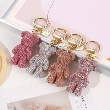 Металлический брелок в виде медведя, животное, автомобильный брелок ручной работы, брелок для девочек со стразами розовый/белый