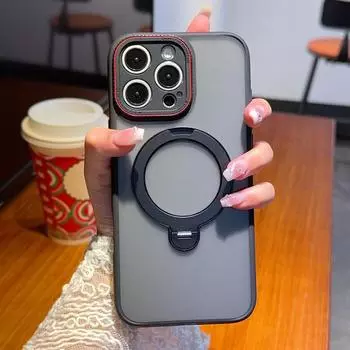 Металлический чехол-подставка с кольцом и матовым магнитом для Magsafe iPhone 16 Pro Max 15 15Pro samsung xiaomi case iPhone 15 чёрный