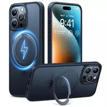 Металлический чехол-подставка с кольцом и матовым магнитом для Magsafe IPhone 16 15 14 13 Pro Max Plus 16Pro 15Pro с защитой объектива Mac Safe Cover For iPhone 16 Pro Max чёрный