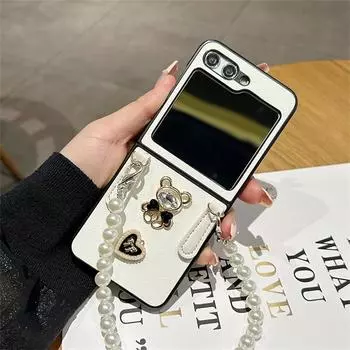 Металлический чехол с бантом в виде медведя и сердца любви с жемчужным браслетом для Samsung Galaxy Z Fold 5 4 3, чехол для Galaxy Z Flip 5 Z Flip 4 3 Zflip5, чехол Samsung Z flip 3 белый